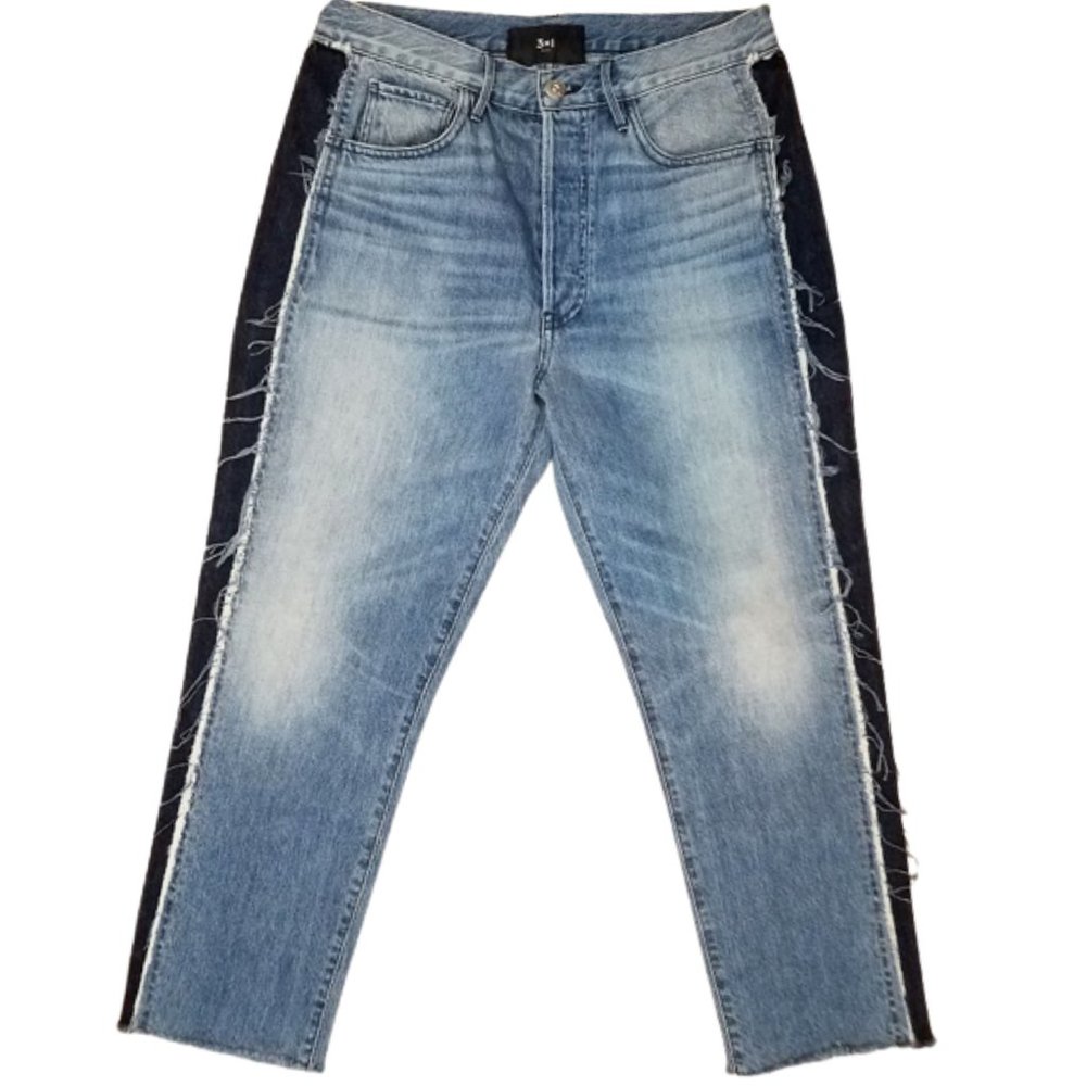 3x1 N.Y.C. MADE HERE Button Fly Frayed Side Cropped Blue Denim Jeans Women's 31
